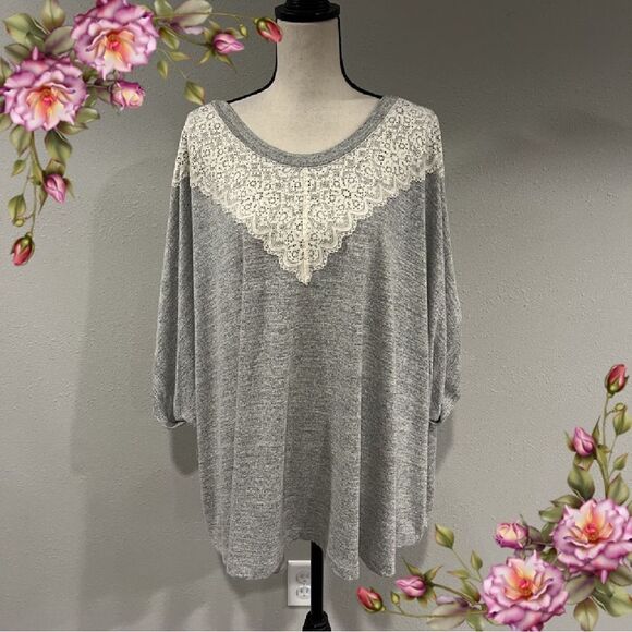 Cacique Plus Size Grey Lace Scoop Neck Short Sleeve Tunic - Picture 1 of 11
